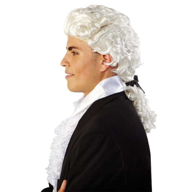 Klassieke, 18de eeuwse witte pruik voor rechters of bijvoorbeeld Mozart - zijaanzicht
