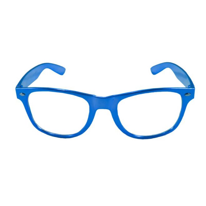 Metallic blauwe bril met Blues Brothers model en transparante glazen