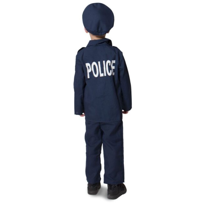 Politiekostuum voor kinderen bestaande uit een politiebroek, een blauwe jas en een politiepet - achterzijde