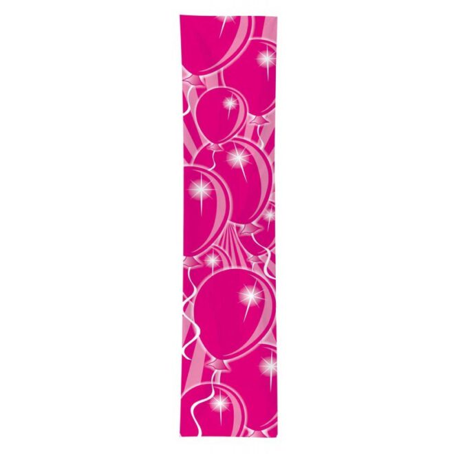 Groot roze spandoek met witte ballonnen erop gedrukt (300 bij 60 centimeter)
