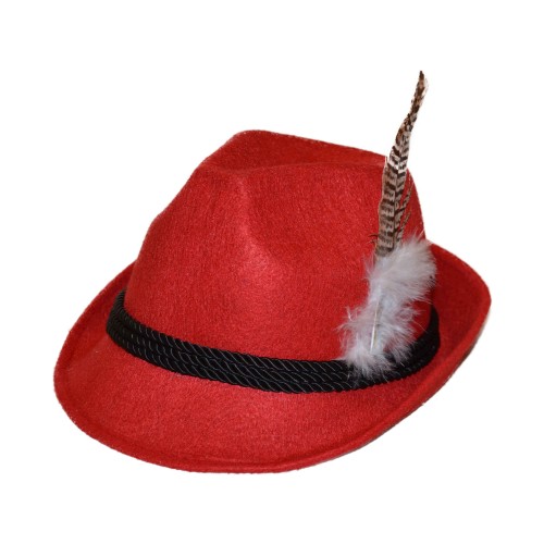 Tiroler hoed deluxe rood met veer