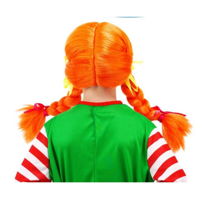 Rode pruik voor kinderen met vlechten (achterkant). Lijkt veel op de haren van Pippi Langkous!