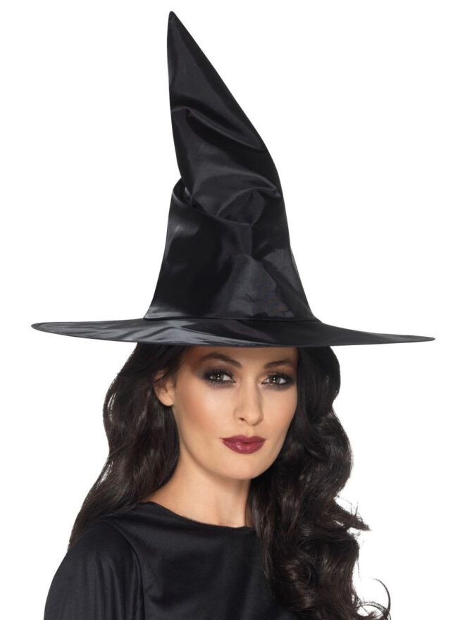 Zwarte heksenhoed voordelig Witch hat black, shiny fabric, wired