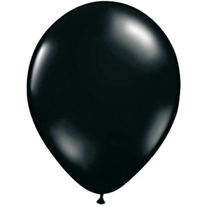 Tien metallic zwarte latex ballonnen met parelmoerglans en een formaat van 30 centimeter (11 inch) groot.