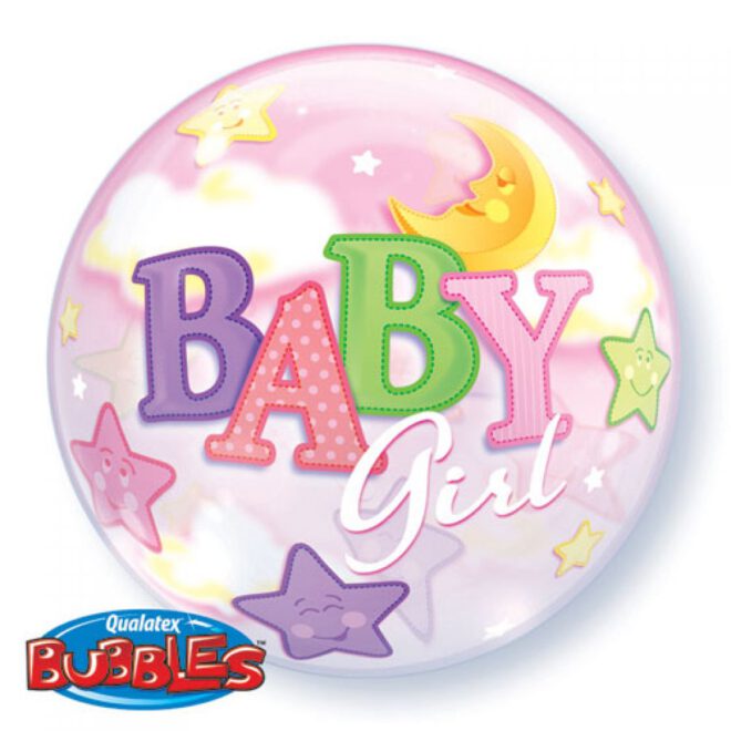 Baby girl bubbleballon - met daarop sterren en de maan - voor de geboorte of babyshower van een meisje (56cm)