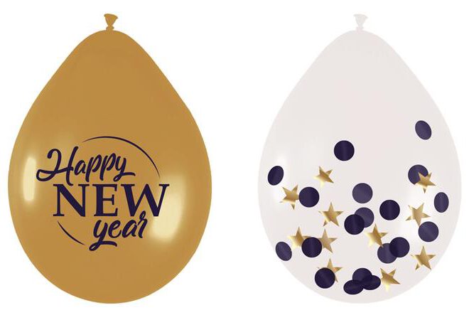 Happy New Year ballonnen blauw/goud - 6 stuks