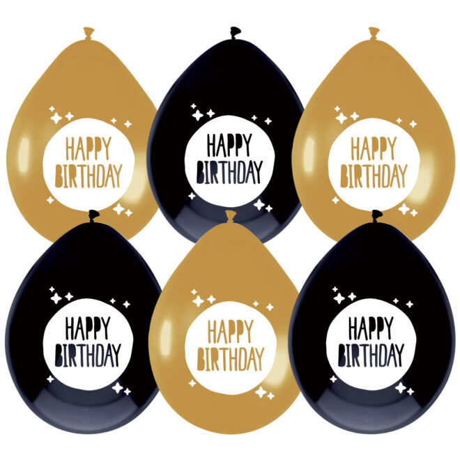 Happy birthday ballonnen goud/zwart (30cm) - 6 stuks