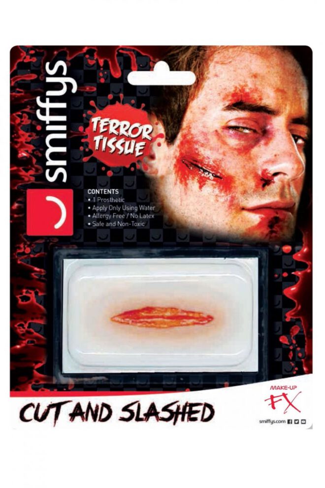 Horror applicatie, snee met mes wond Horror wound transfer, cut and slashed wound