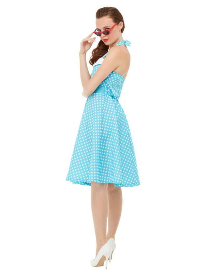 Jaren 1950 jurkje blauw met witte stippen