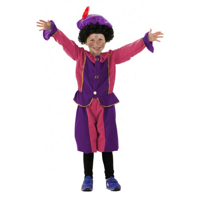 Roze met paars pietenkostuum voor kinderen bestaande uit een jasje, broek en een baret met veer.