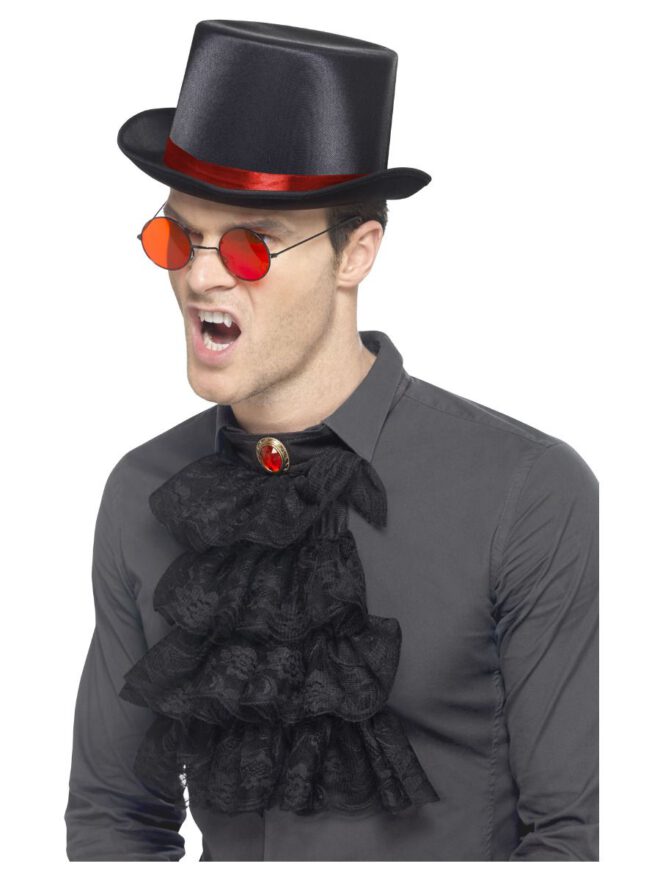 Gothic set met hoed, bril en jabot Gothic kit with elastic inner rim top hat, glasses en neck ruffle