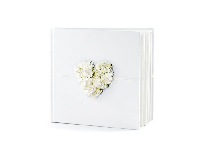 Huwelijks Gastenboek wit met roosjeshart, 60 pagina's
