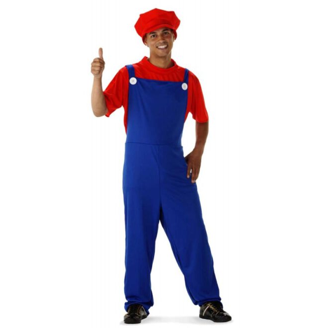 Rood Super Loodgieter kostuum bestaande uit een rode pet, rood shirt en een blauwe overall. Zo lijk je net op Mario!