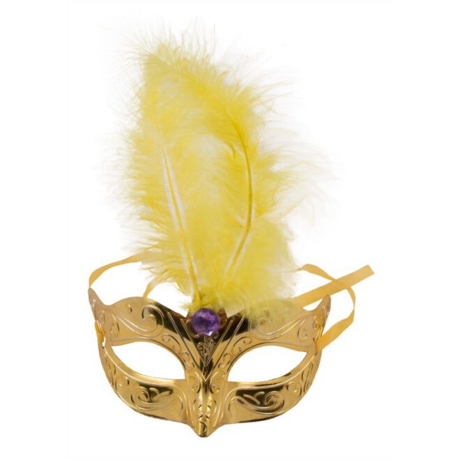 Metallic gouden Venetiaans masker met gele veren en gele diamant (niet paars zoals op de foto te zien is)