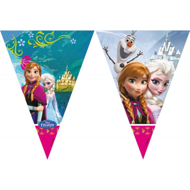 Frozen vlaggenlijn van 2 meter lang met op de vlaggetjes Anna, Elsa en Olaf.