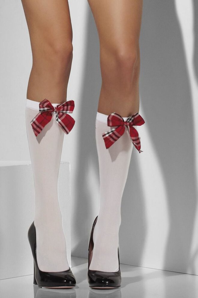 Opaque Knee High Socks, White, with Tartan Bows