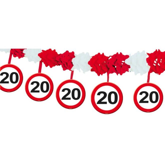 Rood-witte verkeersbord '20 jaar' slinger voor een twintigste verjaardag