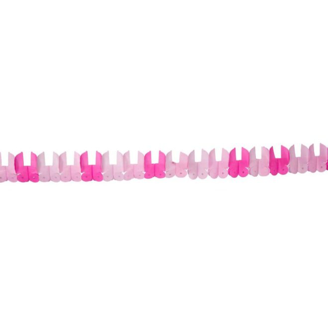 Roze papieren slinger in de vorm van kinderwagentjes voor de geboorte van een meisje