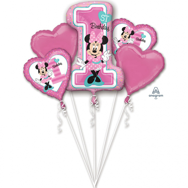 Minnie Mouse 1 jaar ballonnen boeket - 5 stuks