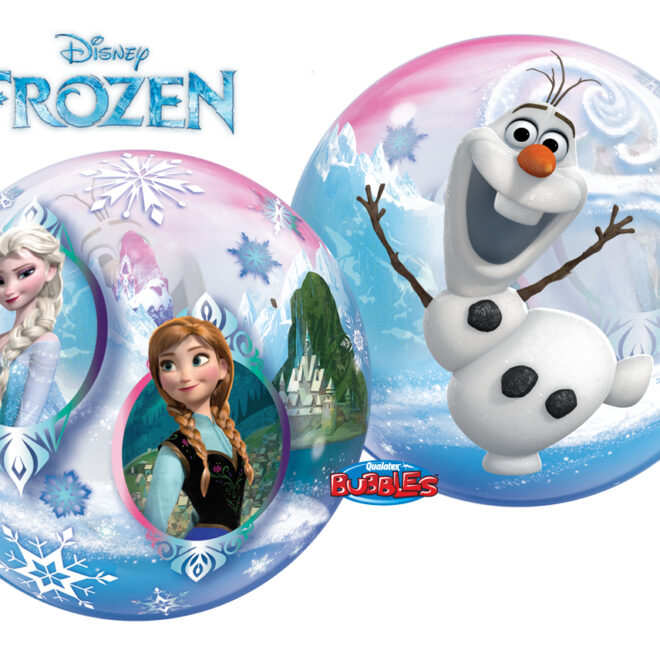 Frozen bubbleballon met daarop Anna, Elsa aan de ene kant, Olaf aan de andere kant (56 cm)