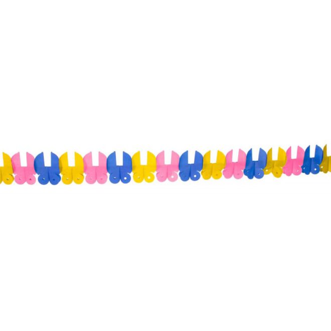 Blauw, roze en gele papieren slinger in de vorm van kinderwagentjes voor de geboorte van een baby'tje