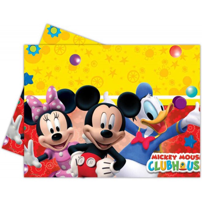 Mickey Mouse Clubhouse tafelkleed (180 x 120 cm) met daarop Mickey, Minnie Mouse en Donald Duck.
