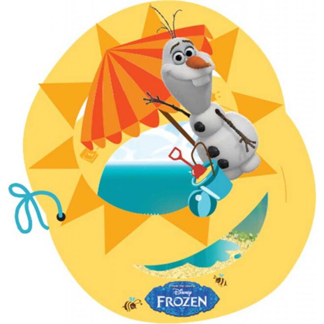 Zonnige, ronde uitnodigingen (diameter: ongeveer 8 cm) met daarop Olaf uit Frozen. De twee lossen stukken zijn verbonden door een blauw lint.