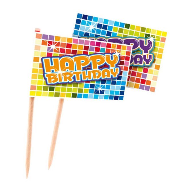 Vrolijke Birthday Blocks prikkers met daarop de tekst 'Happy Birthday'