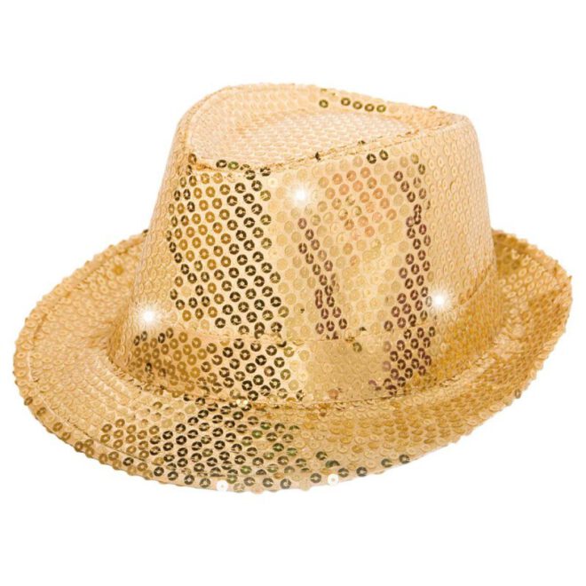 Gouden trilby hoed met pailletjes en LED-verlichting