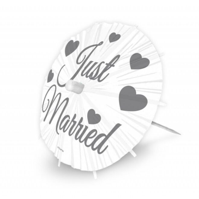 Just Married parasol prikkers XL - wit met daarop in het grijs-zilver de tekst 'Just Married' en hartjes