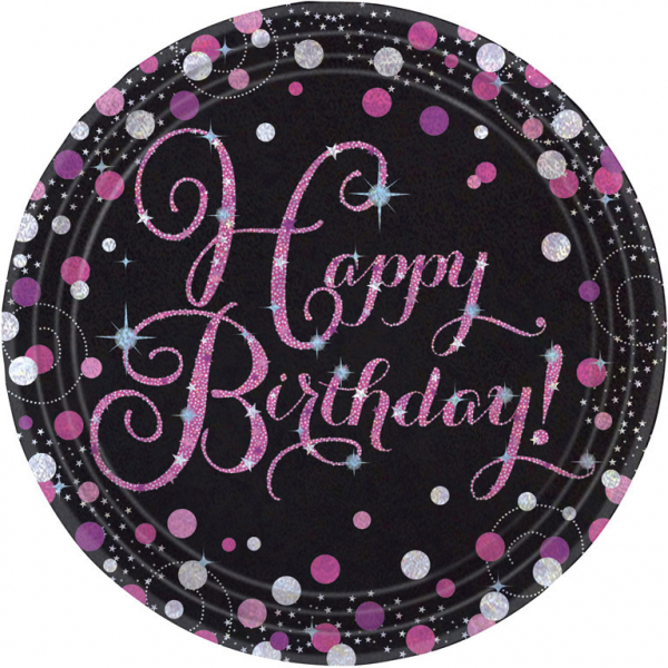 Roze sparkling borden Happy Birthday (23cm) - 8 stuks