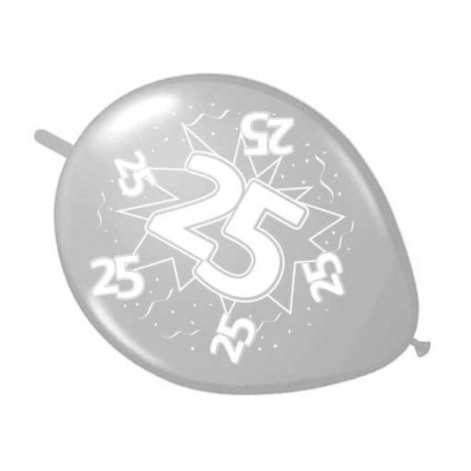 Zilveren latex knoopballon met daarop in het wit '25' gedrukt.