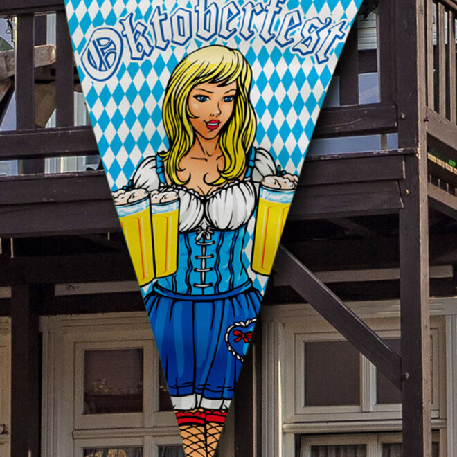 Megavlag Oktoberfest van 150 bij 100 centimeter met daarop een vrouw in Dirndl met bierpullen