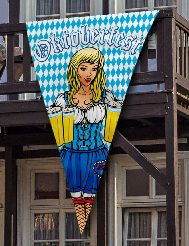 Megavlag Oktoberfest van 150 bij 100 centimeter met daarop een vrouw in Dirndl met bierpullen