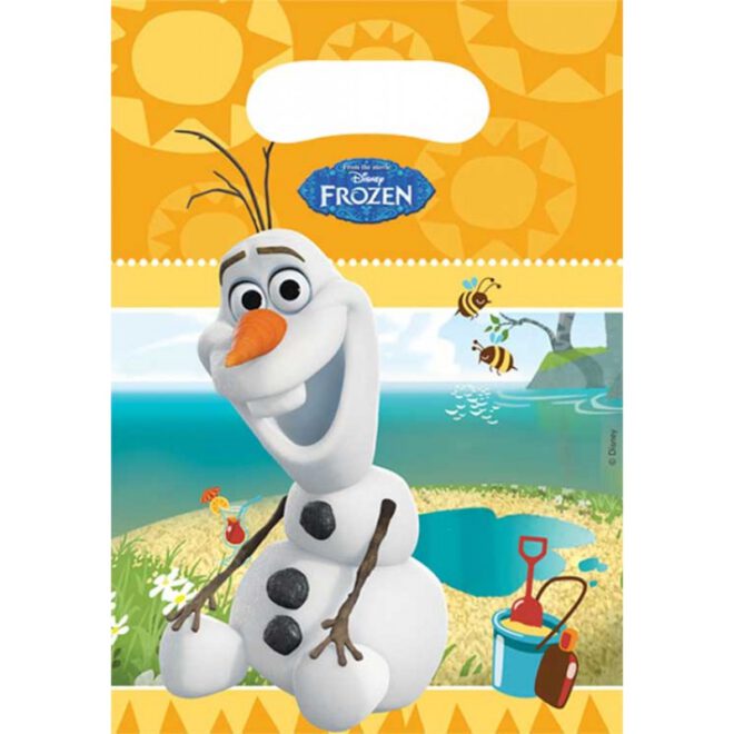 Plastic goodiebags van 16 cm breed en 23 cm hoog met daarop Olaf uit Frozen.