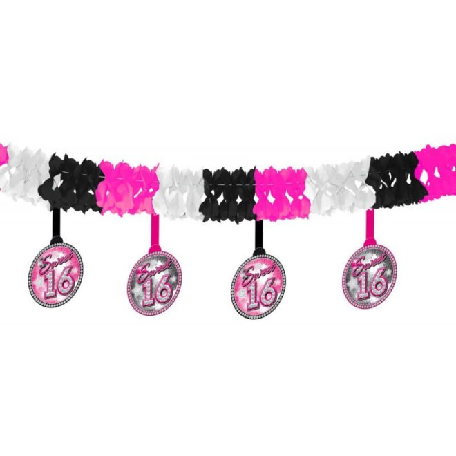 Sweet 16 harmonicaslinger in het roze, wit en zwart met daaronder hangers.