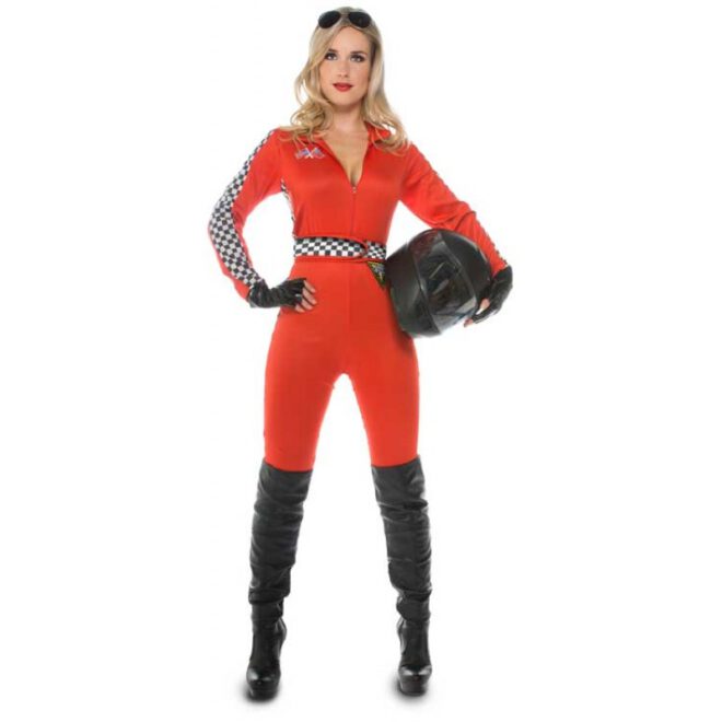 Stoere, rode, sexy driedelige race jumpsuit voor dames. Deze verkleedkleding bestaat uit een jumpsuit, handschoenen en een riem.