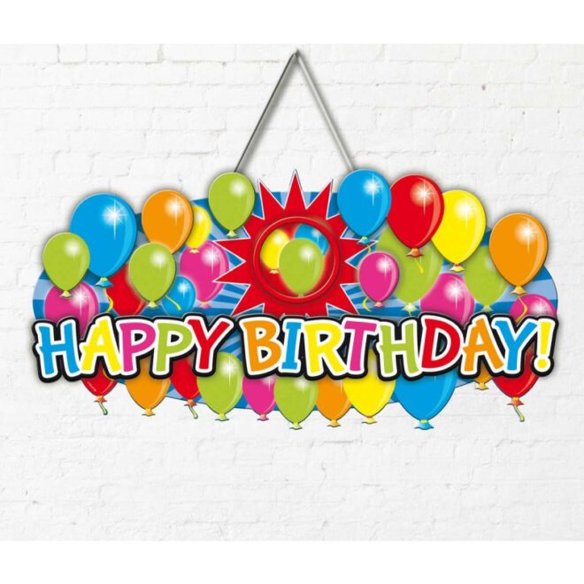3D kartonnen deurbord met daarop de tekst 'Happy Birthday' en ballonnen in vrolijke kleuren (53 x 26 cm).