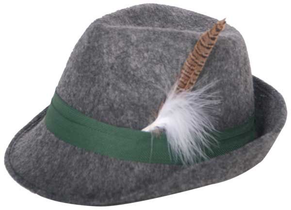 Grijze Tiroler hoed van wolvilt met groene band en bruin veertje