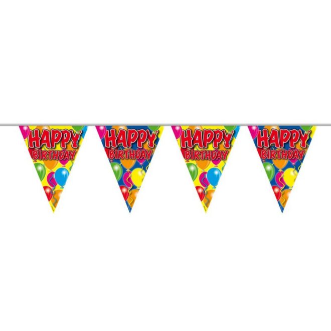 Vlaggenlijn met daarop ballonnen en de tekst Happy Birthday