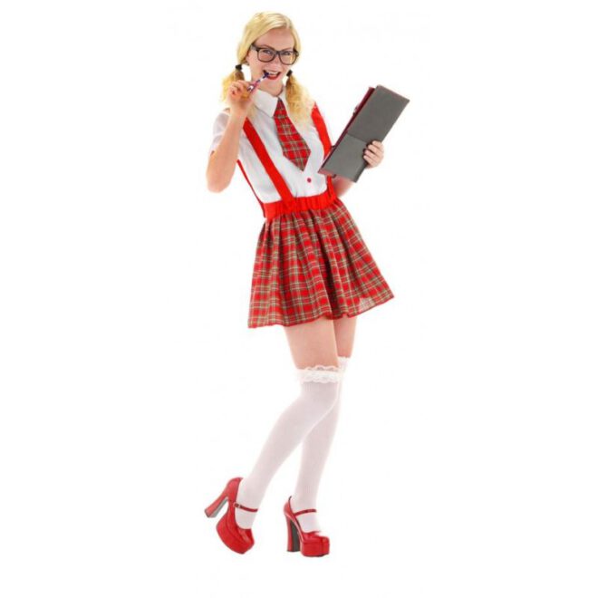 Sexy nerdmeisje met bloesje, rok en stropdas