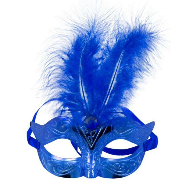 Metallic blauw Venetiaans oogmasker met twee blauwe veren en een blauw diamant.