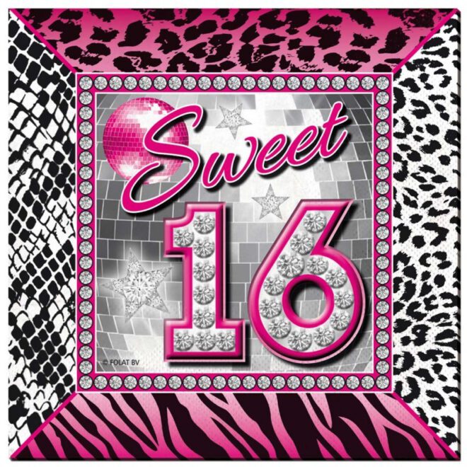 Papieren Sweet Sixteen servetten met daarop de tekst 'Sweet 16' en verschillende roze en zwart-witte printjes.