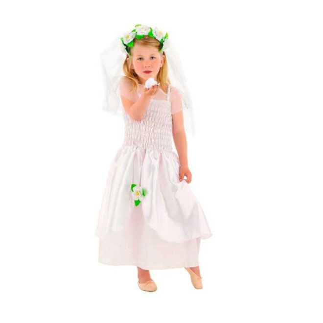 Tweedelige, witte bruidsjurk voor meisjes bestaande uit de jurk en een bloemenkrans met sleep.