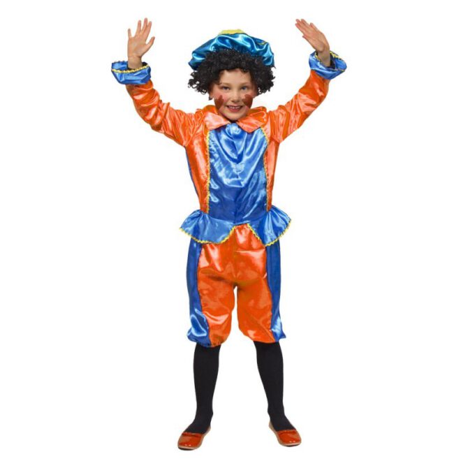 Oranje met blauw pietenkostuum voor kinderen bestaande uit een jasje, broek en een baret met veer.
