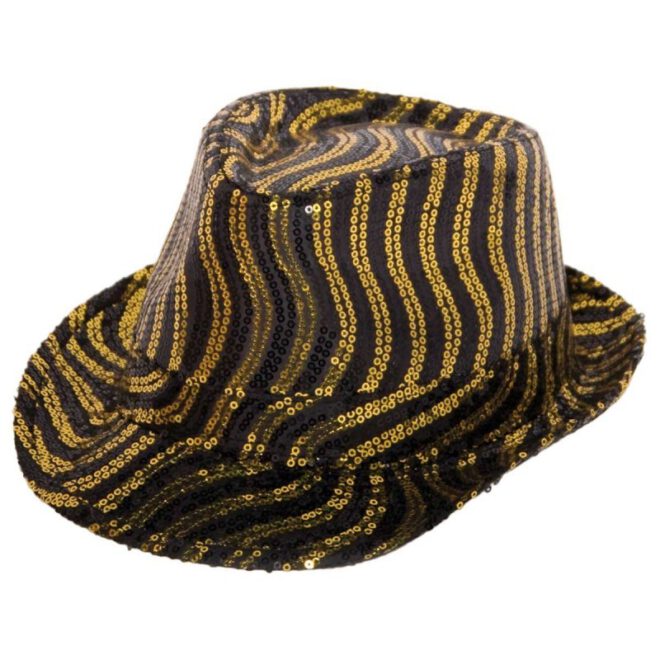 Zwart met gouden trilby hoed met pailletjes en een golvend patroon.