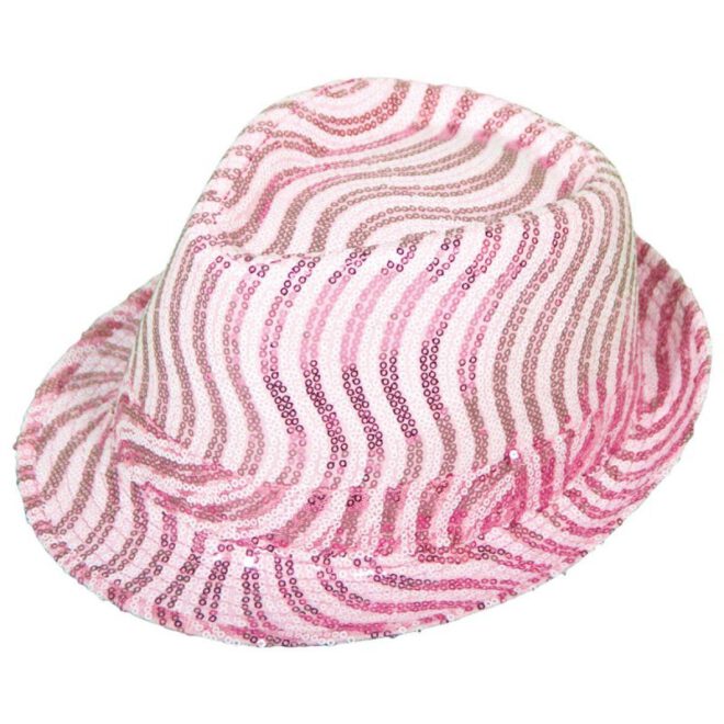 Trilby hoed met roze en witte pailletten in een golvend patroon