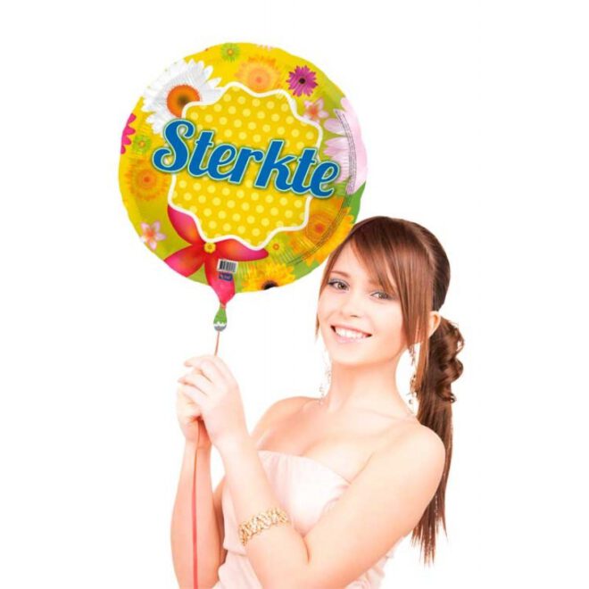 Heliumballon met daarop vrolijke bloemen en de tekst 'Sterkte' (diameter: 43 cm)