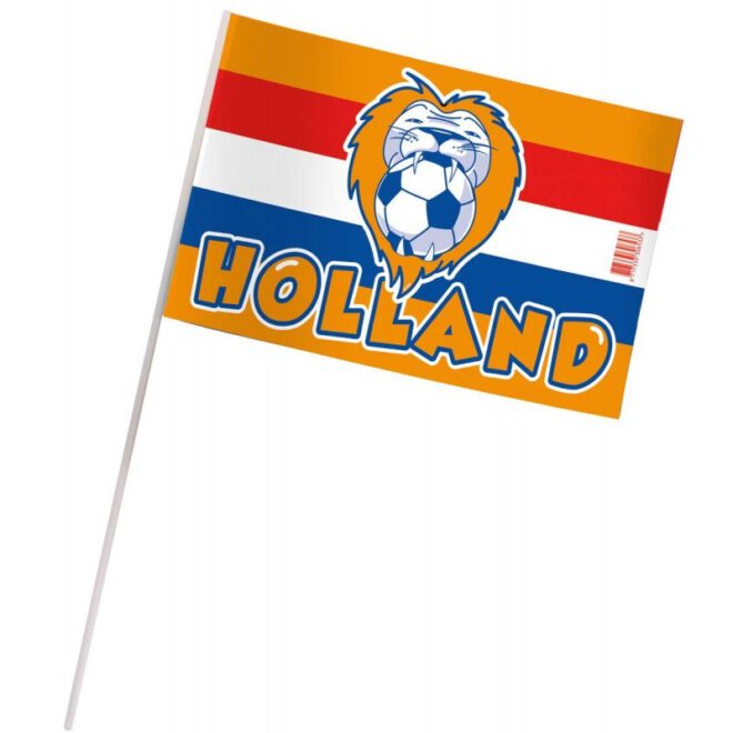 Oranje zwaaivlaggetje met daarop een leeuw, voetbal, de Nederlandse vlag en de tekst 'Holland'