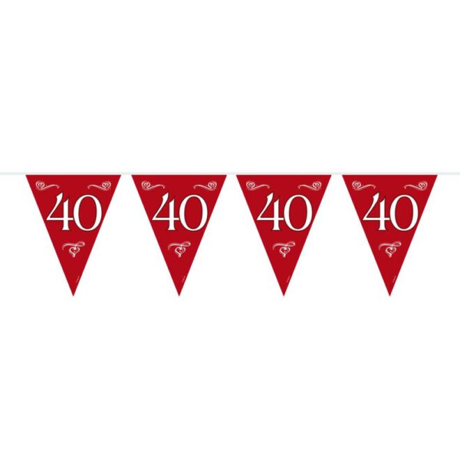 Donkerrode, plastic '40 jaar' vlaggenlijn voor een 40-jarig jubileum of een robijnen huwelijk (10 meter lang0
